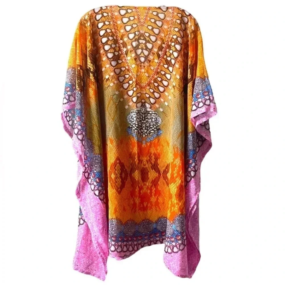 Boho Animal Print Multicolored Flowy Lightweight Kaftan Beach Coverup One Size - Picture 3 of 8